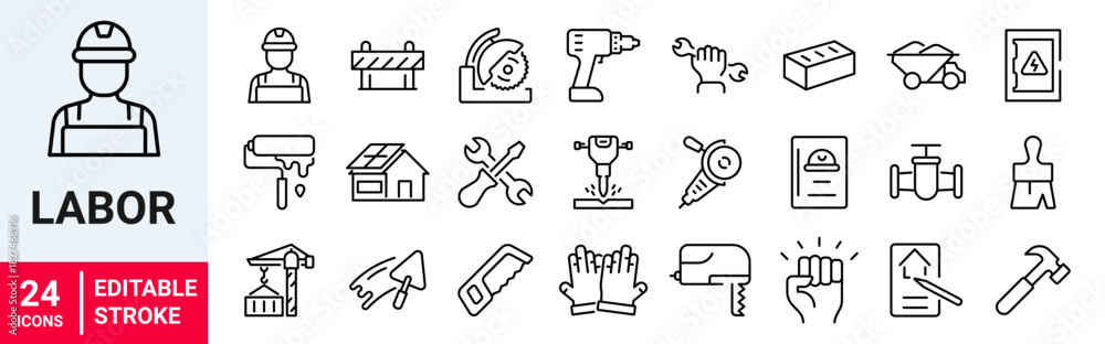 Labor web line editable icon set. Contains icons related to labor ...