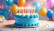 © Chinnawat - Bright blue birthday cake with lighted candles and colorful sprinkles, surrounded by balloons and confetti. Festive background for party and celebration.