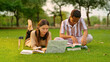 © Raushan_films - Indian young adult gen z lady female lying on grass use laptop look screen check new email e work garden park. Busy pupil male man do exam study read course book spend break time day college place