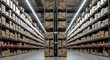 © A5 - Vast Warehouse Aisle with Tall Shelves Stacked with Cardboard Boxes