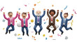 © RenderMint - 3d icon of a diverse group of businessmen jumping with joy amidst confetti, isolated on transparent background