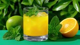 A glass of orange juice with ice, garnished with mint leaves, next to a lime and an orange half, on a green surface with a green foliage background. Sunny day.