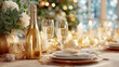 © MargoArt - Luxurious festive table with golden champagne bottle, elegant glasses, sparkling bokeh lights and refined holiday decor