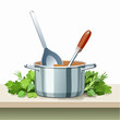 © Fauzan Alexander - Cooking pot with ladle and spatula surrounded by fresh herbs on a wooden surface.