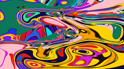  Funky liquid shapes seamless pattern - abstract colorful blobs, drops and splashes forms in psychedelic 60s style on groovy background. Wavy trippy colour curves, fluid retro design texture.
