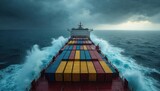 Container ship sails in rough sea. Vessel transports cargo on ocean waves. Stormy weather, logistics. Global trade faces challenges during transportation. Blue sea shipping industry, freight under