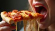 © Vadym - Close up of person eating pizza slice with dripping cheese. Open mouth eating tasty pie. Concept junk food, tasty snacks, comfort food, unhealthy lifestyle. Cheat meal diet plan tasty treat.