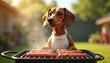 © Vadym - Cute dachshund dog wears apron to cook sausages on bbq grill in backyard. Summer fun, canine chef grilling meat. Pet enjoys summer weekend in sunny garden. Funny animal cooks food.