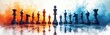 © Vadym - Two rows of chess pieces face with strong color contrast. One side vibrant orange, cool blue. Abstract smoke, splash effects create dynamic visual conflict. Board game represents strategy,