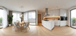 © Vadym - Modern apartment kitchen, dining area interior. Bright, clean, white glossy design with light wood floor. Contemporary furnished space features dining table, chairs, kitchen island with hob, built-in