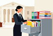 © Hox - A professional figure in suit searches files in cabinet near courthouse. Colorful binders are stacked