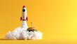 © bento - Whimsical rocket launching from hamburger on bright yellow background.