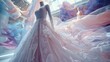 © Mimi - Elegant wedding dress display with dreamy pastel fabric flowing, a vision of bridal beauty and romantic elegance perfect for high-end fashion advertising