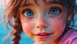 © Vadym - Close-up portrait of cute young girl with big blue eyes, sweet smile. Rosy cheeks, braided brown hair. Vibrant digital art painting captures childhood innocence, wonder, joy, expressing happiness,