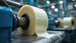 © Vadym - Large roll of adhesive tape on modern machinery. Industrial equipment produces packaging tape. Automated tape slitting, rewinding process ensures precision, efficiency at manufacturing plant. Close