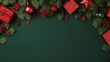 © tao - Christmas background with red gift boxes, green branches, and festive decorations on a dark green background, suitable for social media posts, advertisements, and Christmas card concept designs.