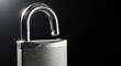 © Eshana - Close up of an open padlock with a silver metallic finish against a dark black background space