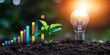 © Sukanya - White light bulb placed on soil with a small green plant growing from it and colorful upward growth graph emerging around