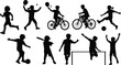 © Tanzila - Children sports silhouettes, physical activity icons, biking, soccer, tennis, running, jumping, black vector, outdoor play illustration