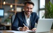 © liu - Busy happy middle aged smiling professional business man company executive ceo manager or lawyer wearing suit sitting at desk in modern office working on laptop computer writing notes, copy space.