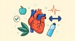 © sitiprapti - Healthy heart with apple, dumbbell, water bottle, and electrocardiogram, representing healthy lifestyle choices and cardiovascular wellness