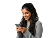 © Vectarica - Smiling young woman using mobile phone, social media, communication, technology, happy girl holding smartphone isolated on transparent background