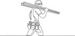 © Design home sara - Construction worker is carrying wooden planks over his shoulder in a minimalist single line drawing