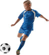 © master1305 - Young soccer player kicking ball on transparent background. Concept of youth football promotion, kids sports materials, shooting drills, and athletic development.