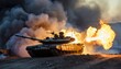 © jambulart - Tank firing with smoke and flames in a dramatic scene.