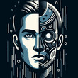 © Flyura Shakembekova - Half human half robot face in a striking and futuristic illustration style