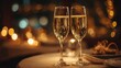 © Laongdaow Duangkaew - Close-up of two champagne glasses touching in romantic toast with bokeh lights background creating intimate celebration mood, perfect for New Year Eve romantic date anniversary concepts