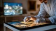 © Tania - A museum archivist examining old photographic slides on a lightbox, carefully sorting historic images with gloved hands — preservation, archival research, and cultural documentation. cinematic
