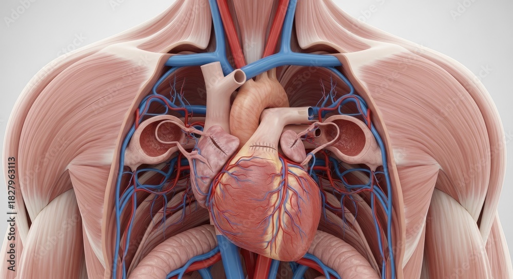 Human Heart Anatomy In Chest Region Showing Vessels And Muscles ...