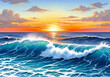 © Beny Qurdy - Vibrant watercolor depiction of a magnificent ocean sunset with powerful crashing waves
