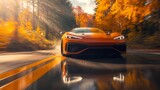 Orange sports car driving fast on autumn road with motion blur
