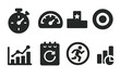 © Vector - Ride Timing Icons. Solid style icons of ride timing and records: stopwatch glyph, speed meter icon, leaderboard badge. Record ring