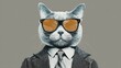 © mila103 - A gray cat stands proudly wearing a formal suit and sunglasses. The unique outfit gives the cat a sophisticated look creating a humorous yet charming scene.