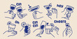 © Rudzhan - Hands holding wine glasses. Hand drawn doodle stickers of characters hands cheering and cin cin with cocktails. Celebrating holiday. Outline vector illustration collection isolated on background