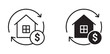 © Masuda Akthar - Home refinance icon set in outline and silhouette style, representing mortgage renewal, property investment, and financial services, vector illustration.