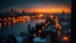 © Orod - City skyline view through wet window with rain drops at sunset dusk.