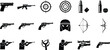 © Md Abu Saeid - Collection of black weapon and target icons pistol gun, pistol, rifle, revolver, handgun, shotgun, bow, arrow, slingshot, bullet, ammunition, target, shooting, aim, silhouette, weapon, firearm, combat