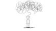 © Iryna - Stick figure with tangled thoughts mental health concept illustration on transparent background. For mental health awareness content, psychology presentations, self-help materials, therapy resources.