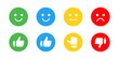© Chelpanoff - Emoticon feedback icon. Colorful smile, neutral and sad face reactions for rating and emotion evaluation vector. Like and dislike choices for UI voting sign. Clear expression concept pictogram.