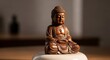 © Adventuria - A wooden Buddha statue sits serenely on a white base bathed in soft light against a blurred backdrop