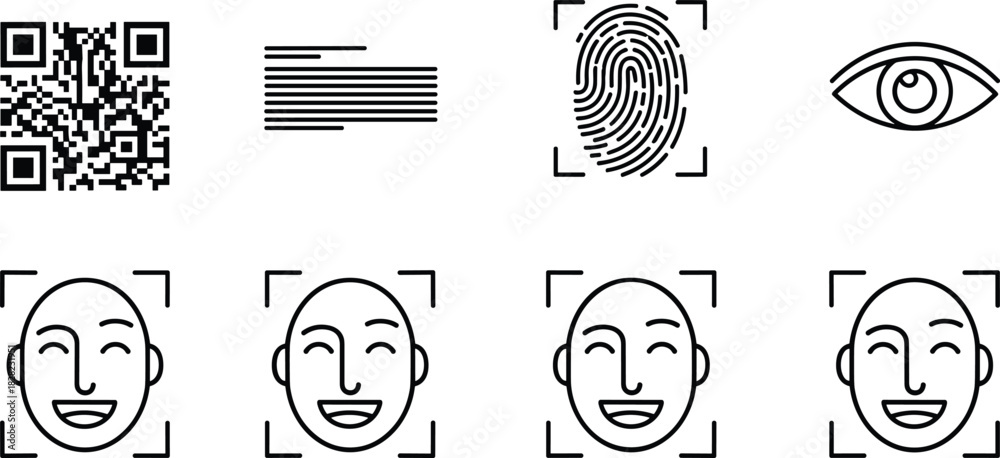 Biometric security icons including QR code, fingerprint scan, eye ...