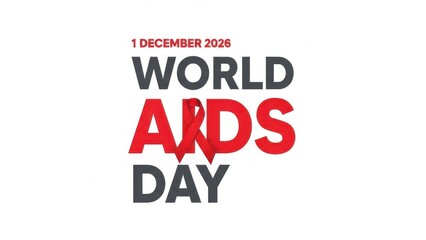  World aids day 1 december 2026 text graphic with red ribbon symbol integrated into the word aids, isolated on white background