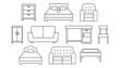 © ilhammaurice - Comprehensive Home Furniture Line Icons Set: Interior Design Collection Featuring Bed, Sofa, Armchair, Dresser, Wardrobe, Desk, Chair, and Coffee Table Symbols