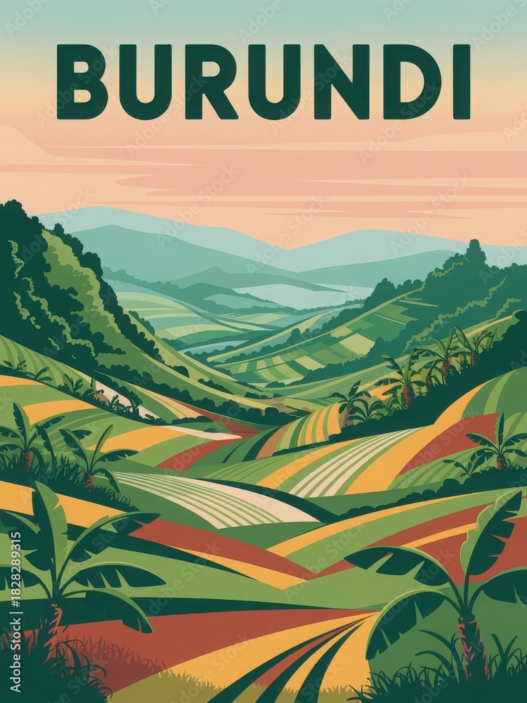 The rolling hills of Burundi showcase a rich tapestry of green and golden fields. This tranquil scene captures the beauty of nature as the sun sets over the landscape, reflecting tranquility.