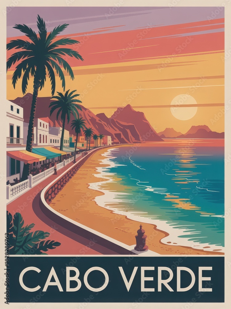 A serene beach scene in Cabo Verde showcases golden sand, gentle waves, and vibrant buildings along the shore. Palm trees frame the sunset, creating a calming atmosphere for evening strolls.