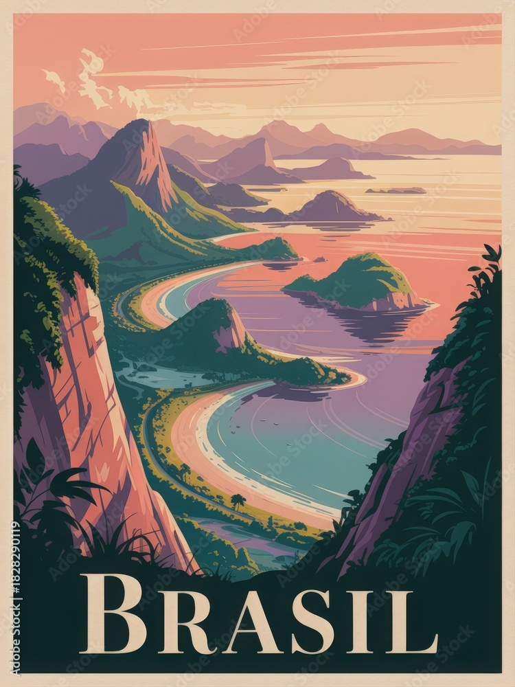 A breathtaking coastal scene showcases Brazils natural beauty. Lush mountains rise above tranquil beaches as the sun sets, creating vibrant colors in the sky and reflecting on the waters.